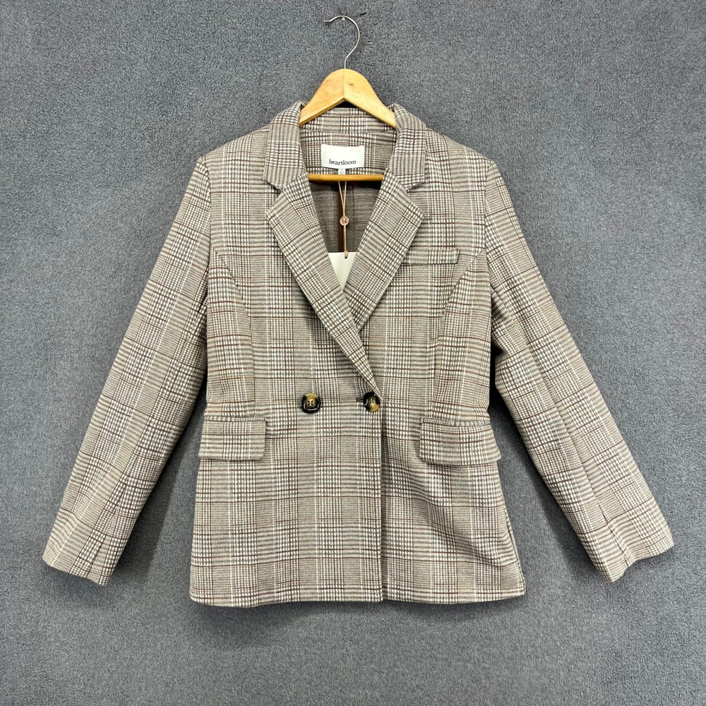 Heartloom Blazer Womens Small Brown Plaid Double Breasted Notched Lapel Career